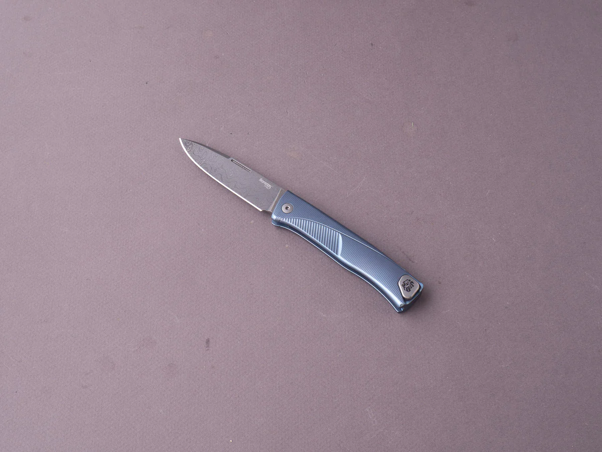 lionSTEEL - SOLID Folding Knife - Thrill - Slip Joint - Chad Nichols Scramble Damascus - 75mm - Blue Titanium