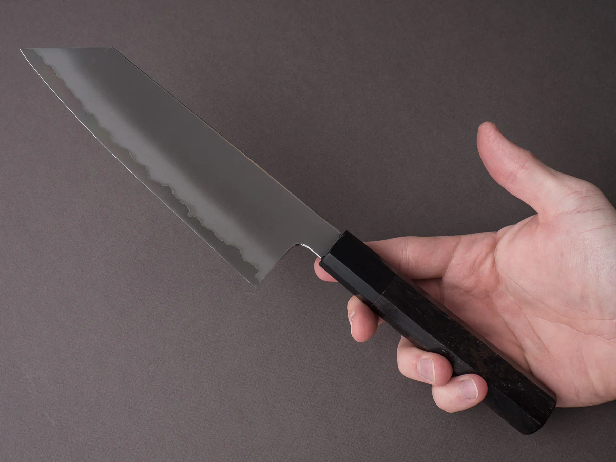 Sakai Kikumori - Yugiri - Tanaka - Stainless Clad Blue #1 - 180mm Bunka - Ebony Handle - Image 6