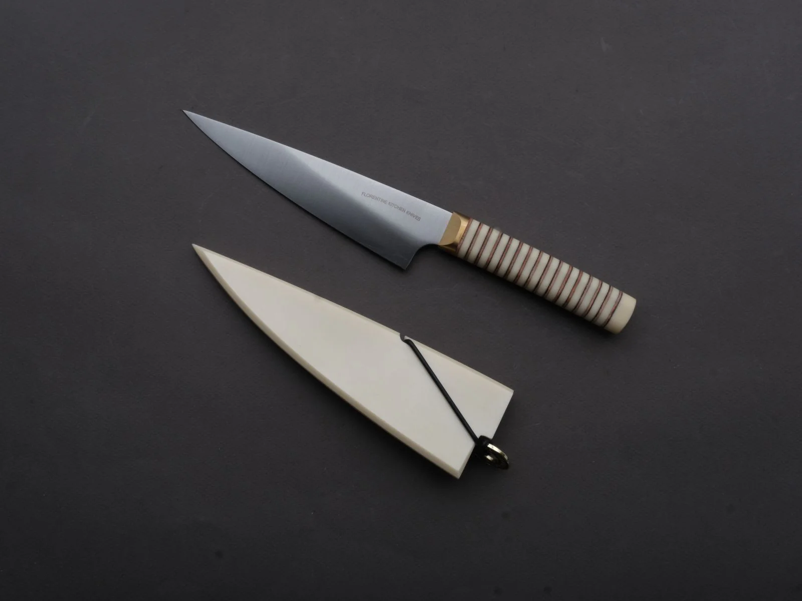 Florentine Kitchen Knives - Stainless - Petty - 155mm - Stacked White Composite and Natural Leather Handle