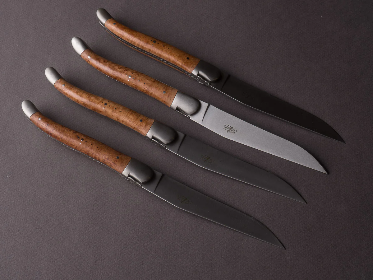 Forge de Laguiole - Table Knives - Satin Bolsters - Briar Wood Handle - Set of 4
