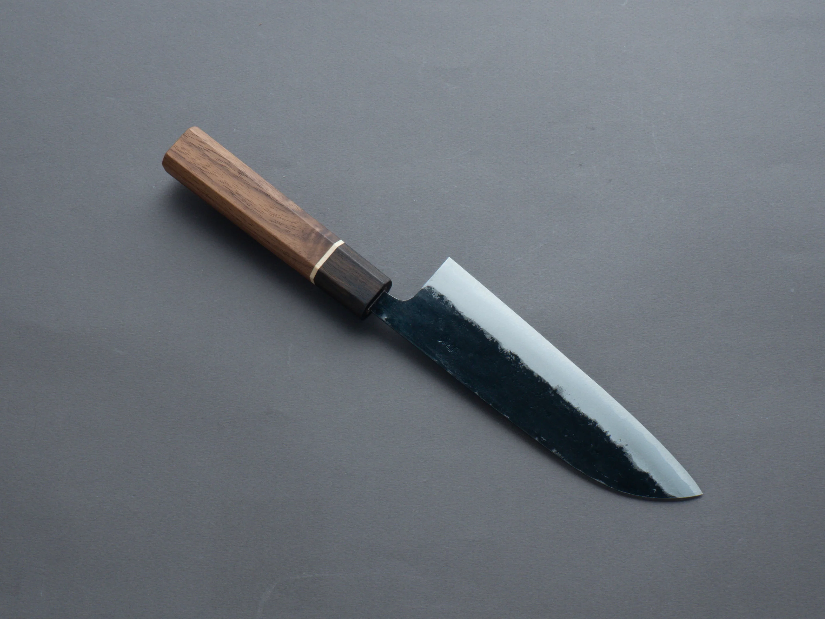 Hitohira - Blue #1 - Kurouchi - Santoku 165mm - Walnut Handle (Ziricote ferrule) - Image 2