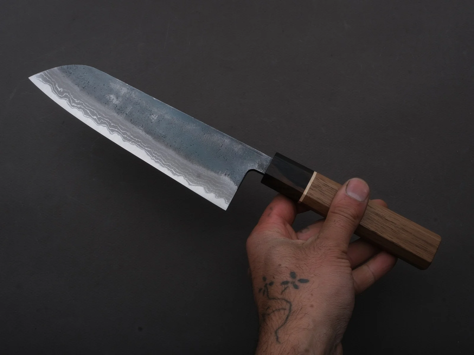 Hitohira - Echizen NB - Kurouchi Damascus - White #2 - Santoku - 170mm - Walnut Handle (ziricote ferrule) - Image 4