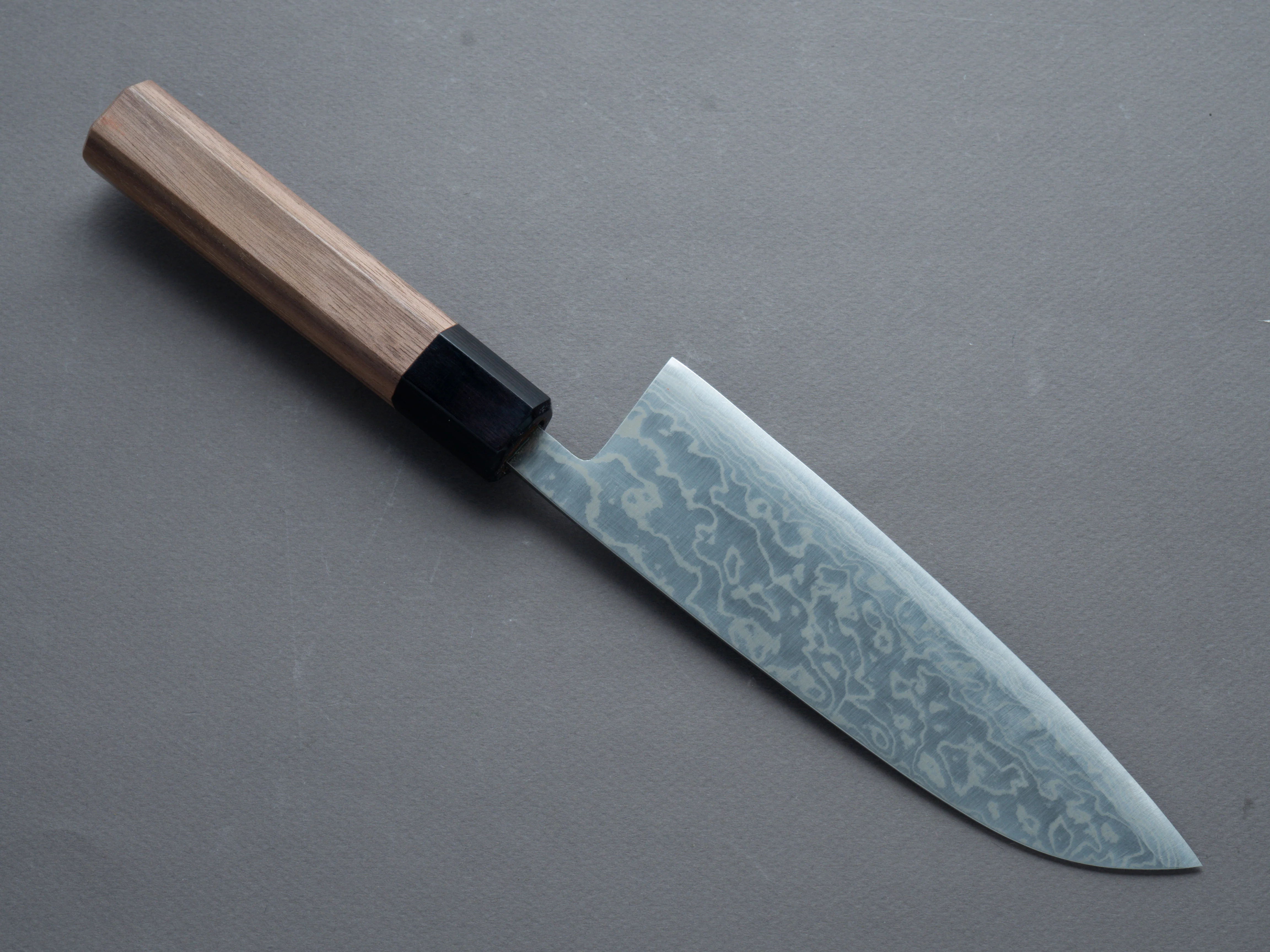 Hitohira - Harima Forged - Blue #2 - Stainless Clad - Nickel Damascus - Santoku - 165mm - Walnut Handle - Image 2