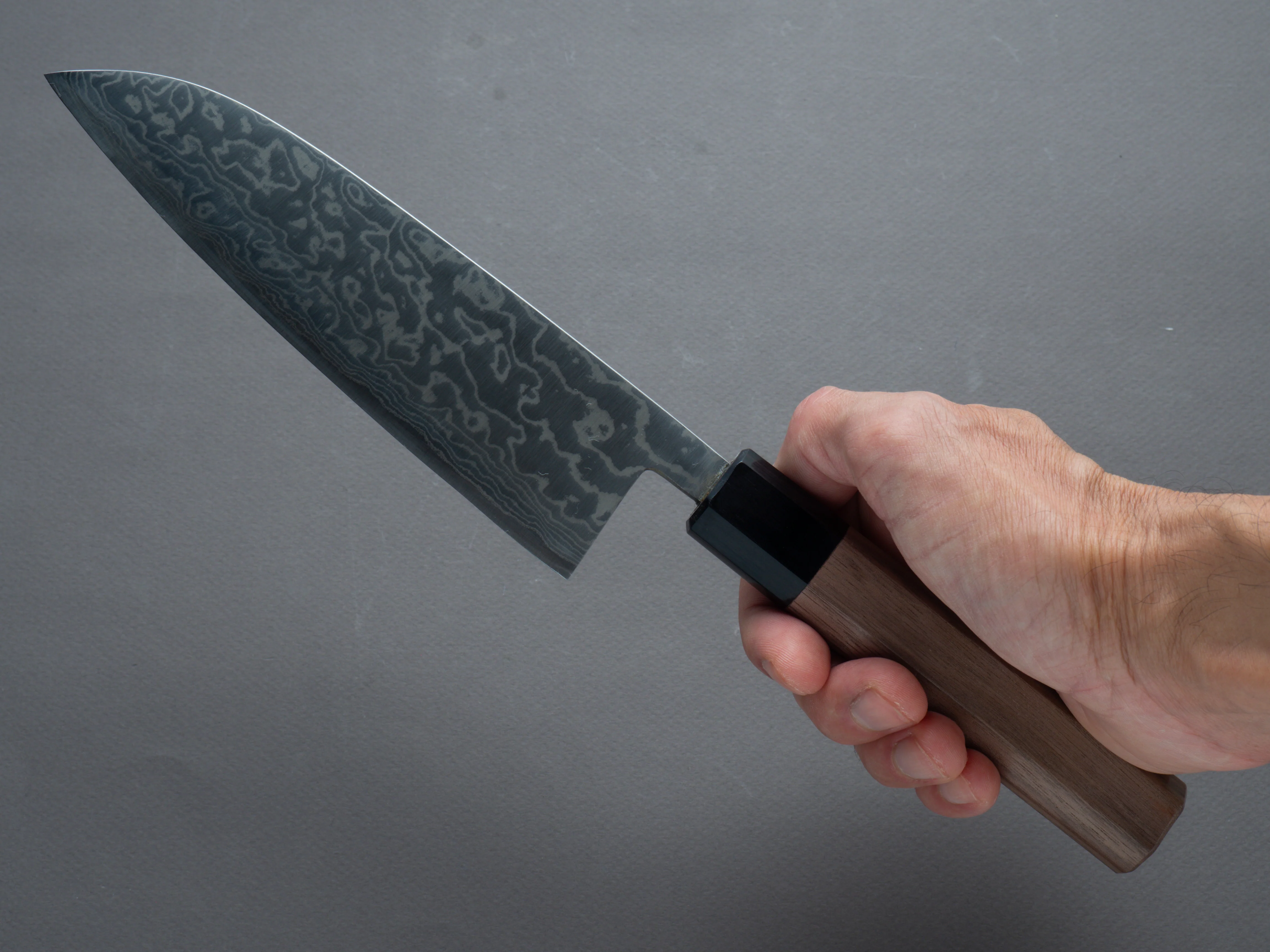 Hitohira - Harima Forged - Blue #2 - Stainless Clad - Nickel Damascus - Santoku - 165mm - Walnut Handle - Image 6