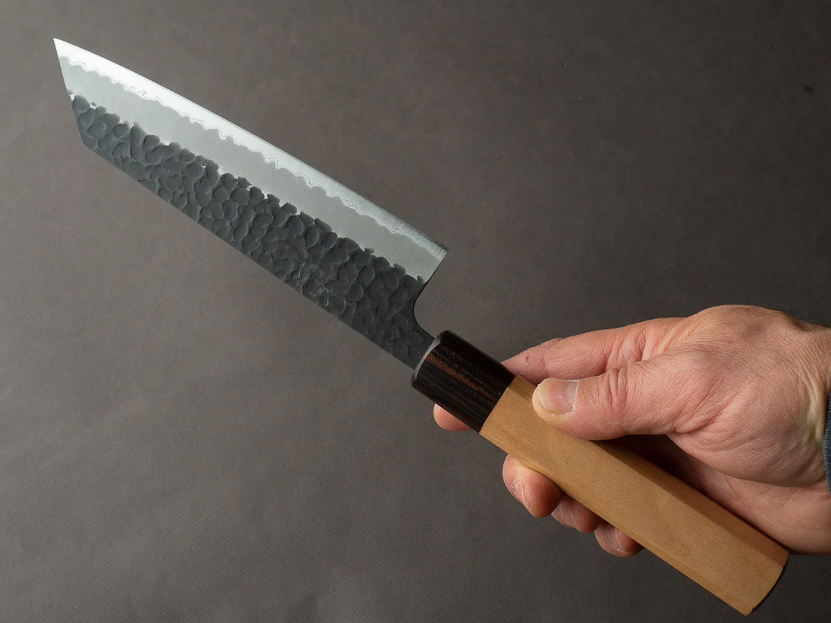 Hitohira - Futana - Super Blue - Kurouchi Tsuchime - 170mm Bunka - Cherry Wood Handle - Image 6