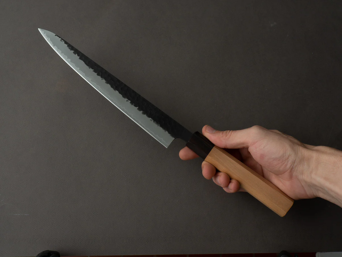 Hitohira - Futana - Super Blue - Kurouchi Nashiji - 240mm Sujihiki - Cherry Handle - Image 7