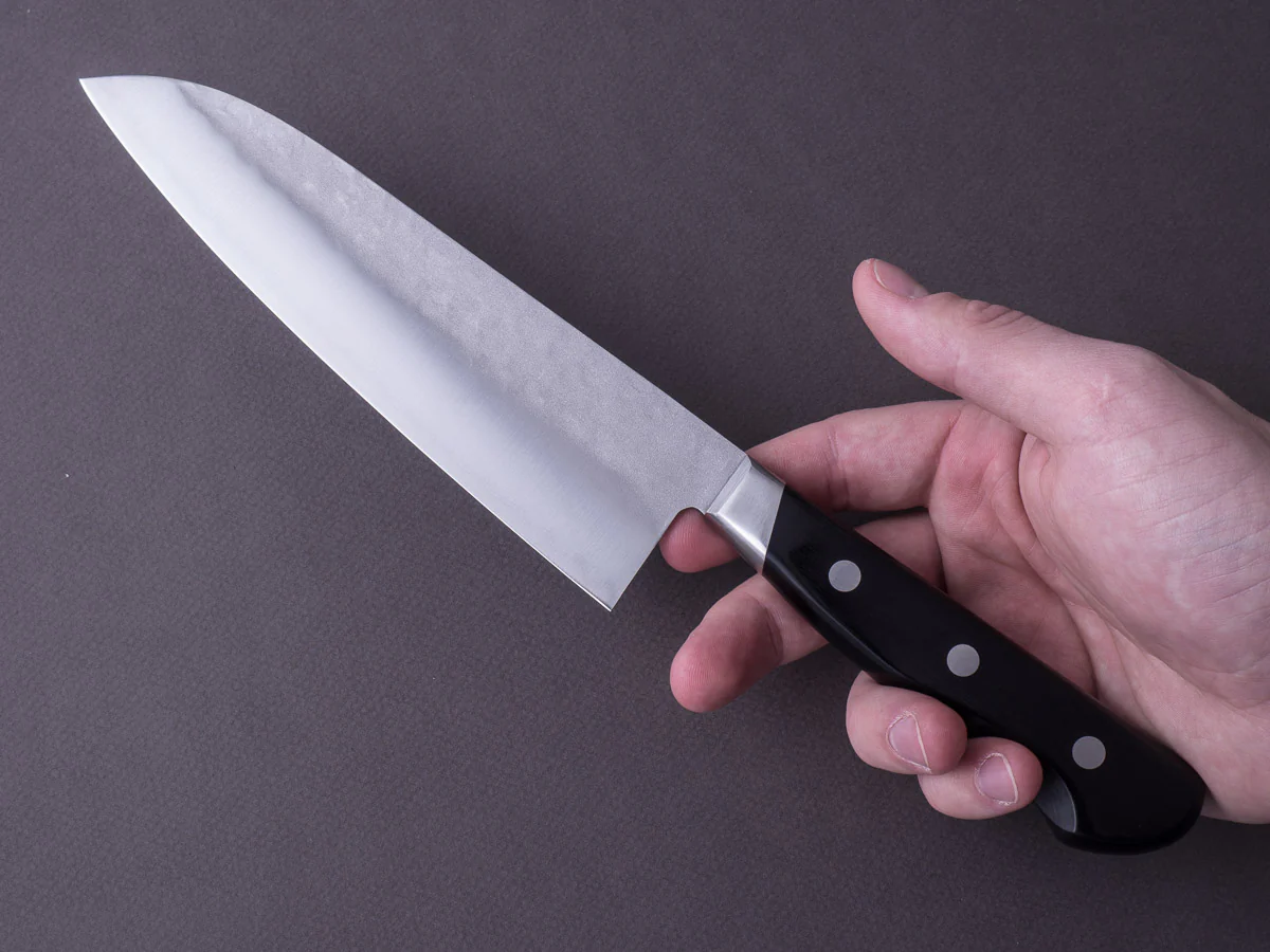 Hitohira - Imojiya Kuma - Blue #2 Stainless Clad - Nashiji Tsuchime - 180mm Santoku - Western Handle - Image 6