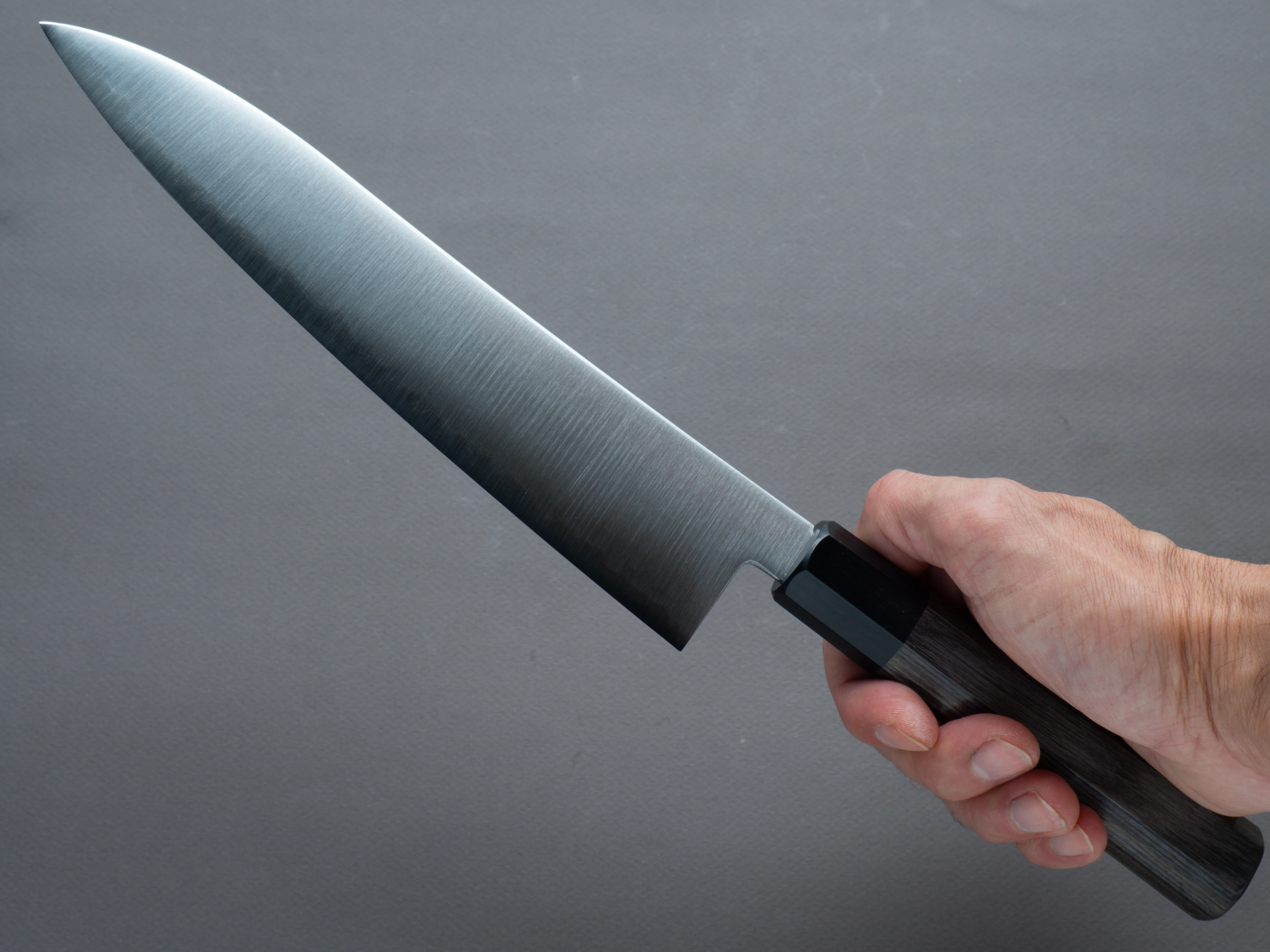 Hitohira - Imojiya TH - Stainelss Clad Blue Super - 210mm Gyuto - Gray Pakka Handle - Image 6