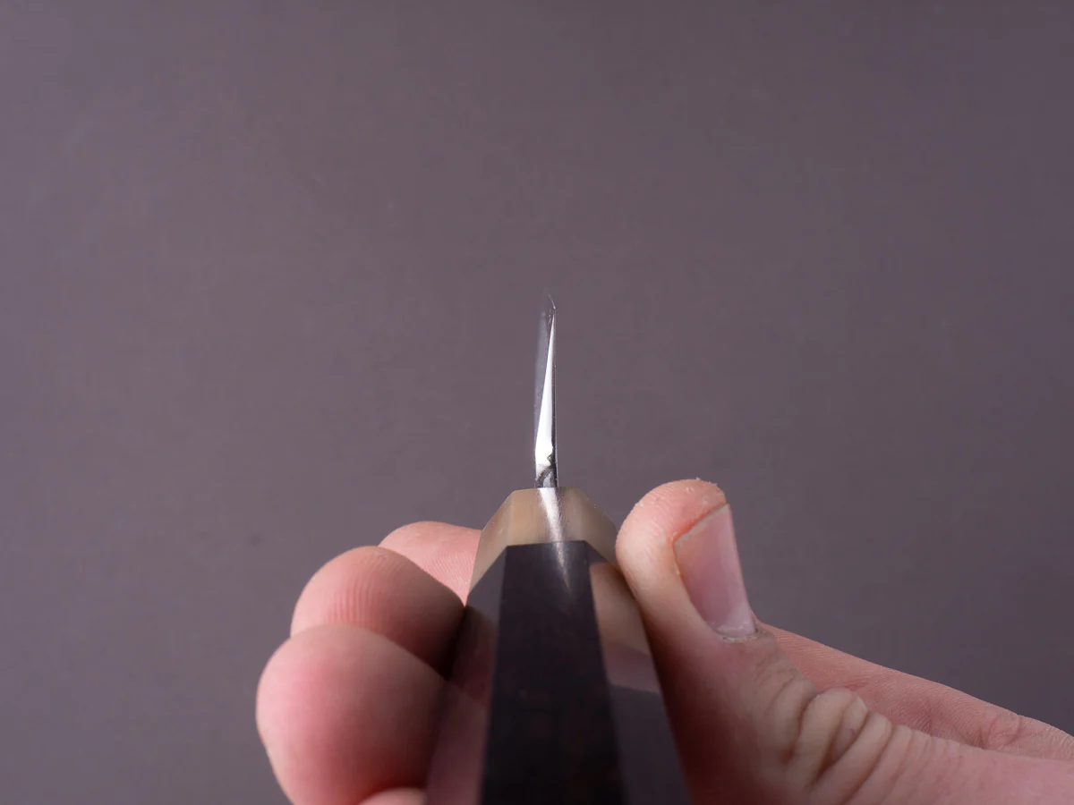 Hitohira - Kikuchiyo x Mosuke - Enmon - White #1 Damascus - Mirror Polished - 210mm Kiritsuke - Ebony Handle - Image 5