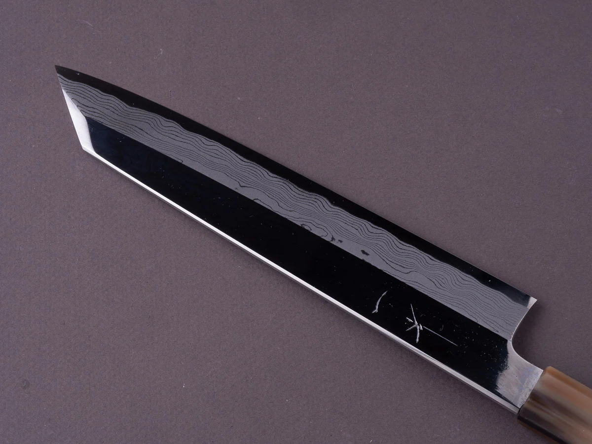 Hitohira - Kikuchiyo x Mosuke - Enmon - White #1 Damascus - Mirror Polished - 210mm Kiritsuke - Ebony Handle - Image 8