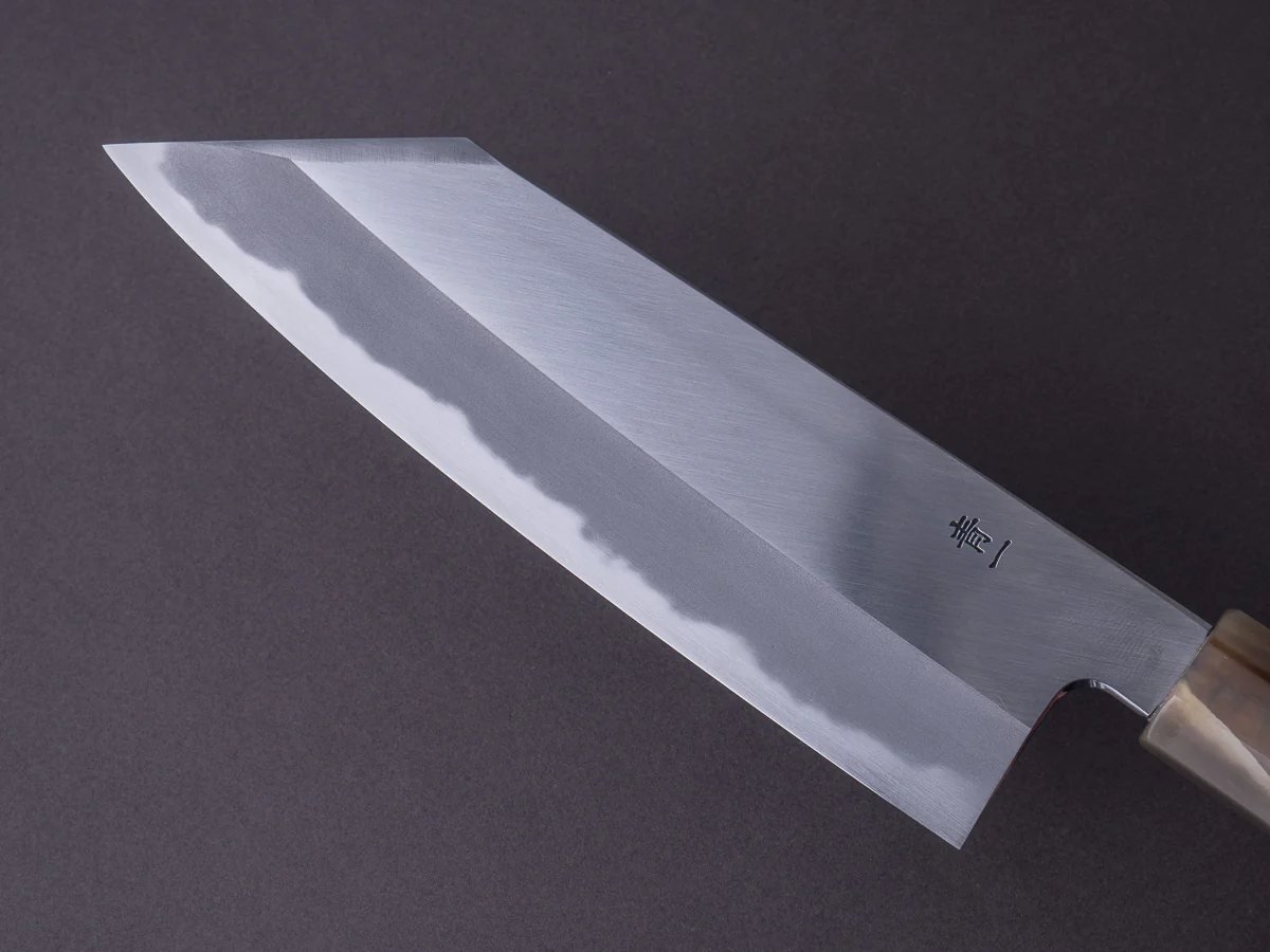 Hitohira - Tanaka x Kyuzo - Blue #1 - Migaki - 180mm Bunka - Persimmon Handle - Image 4
