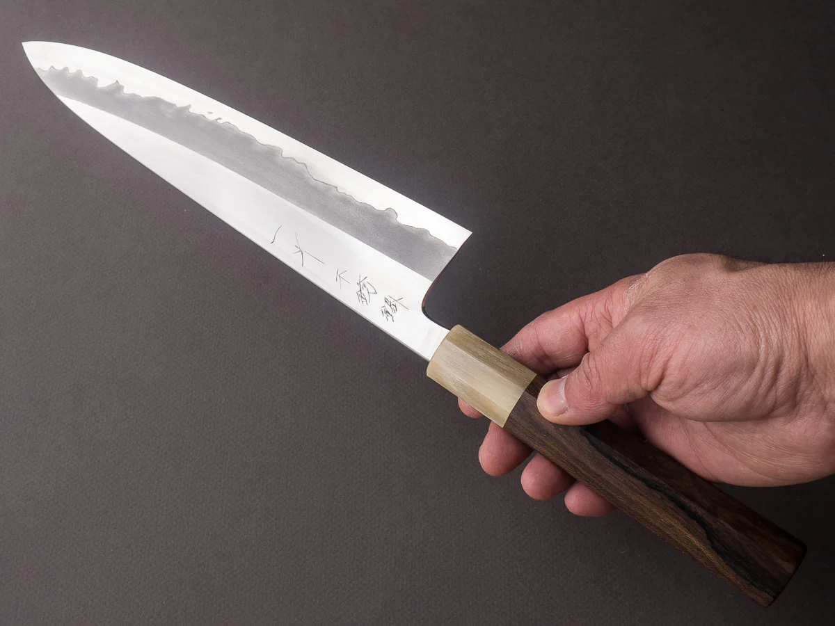 Hitohira - Tanaka x Kyuzo - Blue #1 - Stainless Clad - 240mm Gyuto - Ziricote Handle - Image 5