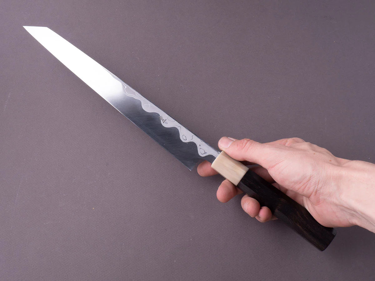 Hitohira - Tanaka x Manzo - Blue #1 Damascus - 270mm Kiritsuke Yanagiba - Ebony Handle - Saya - Image 7