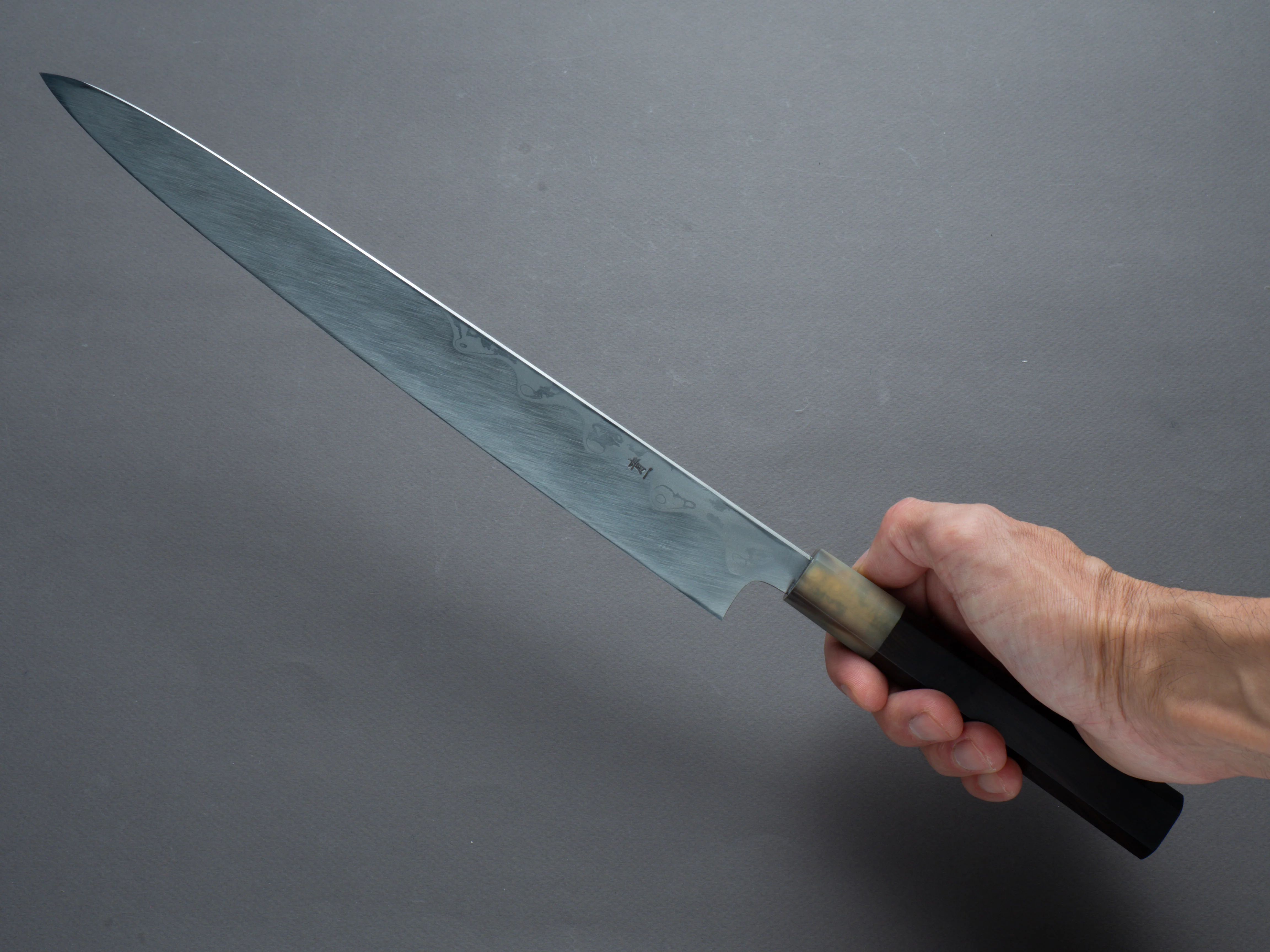 Hitohira - Tanaka x Mosuke - Blue #1 - Damascus - Yanagiba - 300mm - Ebony Handle - Saya - Image 6