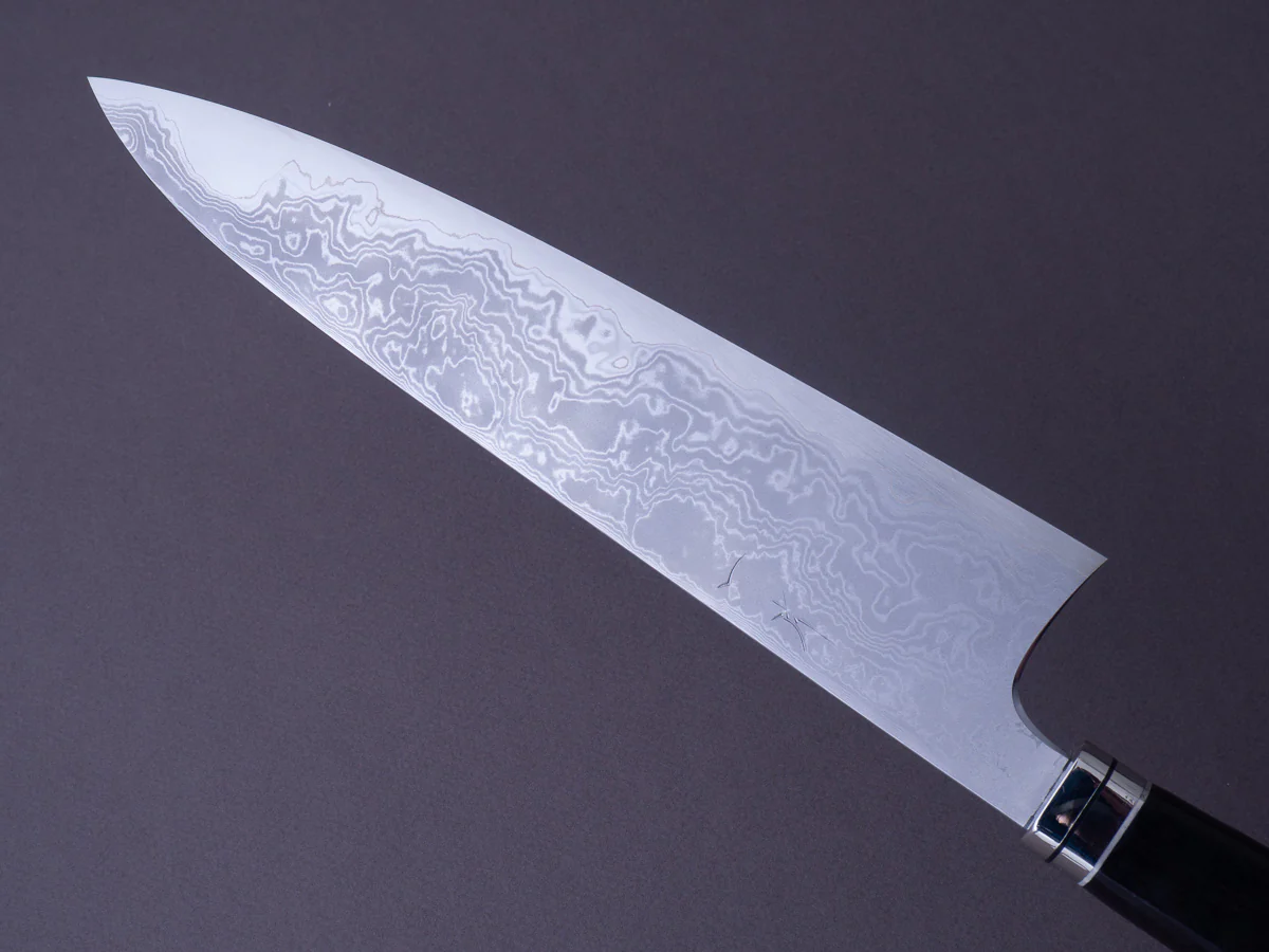 Hitohira - Tanaka x Yohei - Blue #1 Damascus - 240mm Gyuto - Ebony Fusion Handle - Image 3
