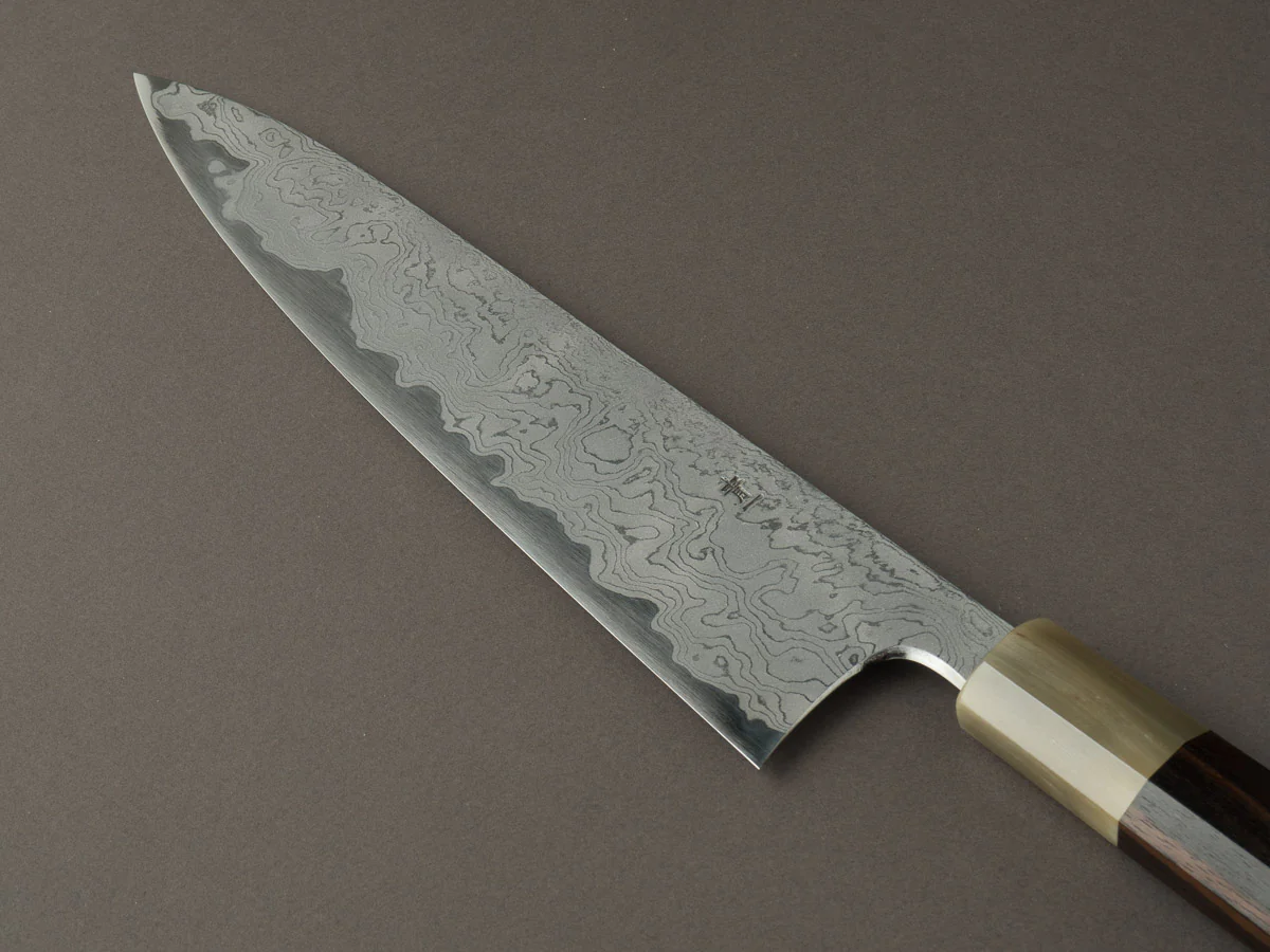 Hitohira - Tanaka x Yohei - Blue #1 Damascus - 240mm Gyuto - Taihei Makassar Ebony Handle - Image 3
