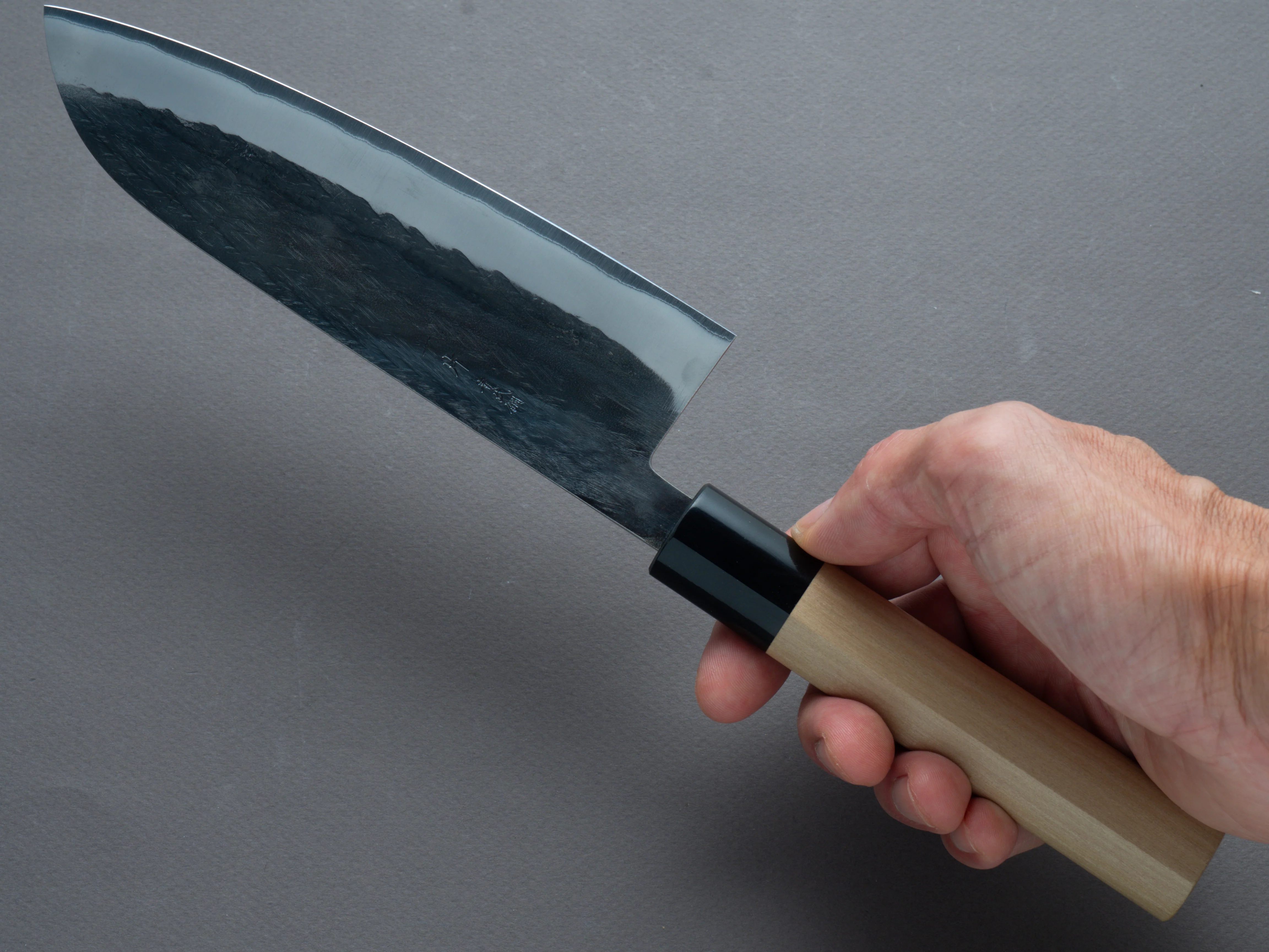 Hitohira - TD - Blue #2 - Stainless Clad - Kurouchi - Santoku - 165mm - Magnolia Handle (D-Shape) - Image 7