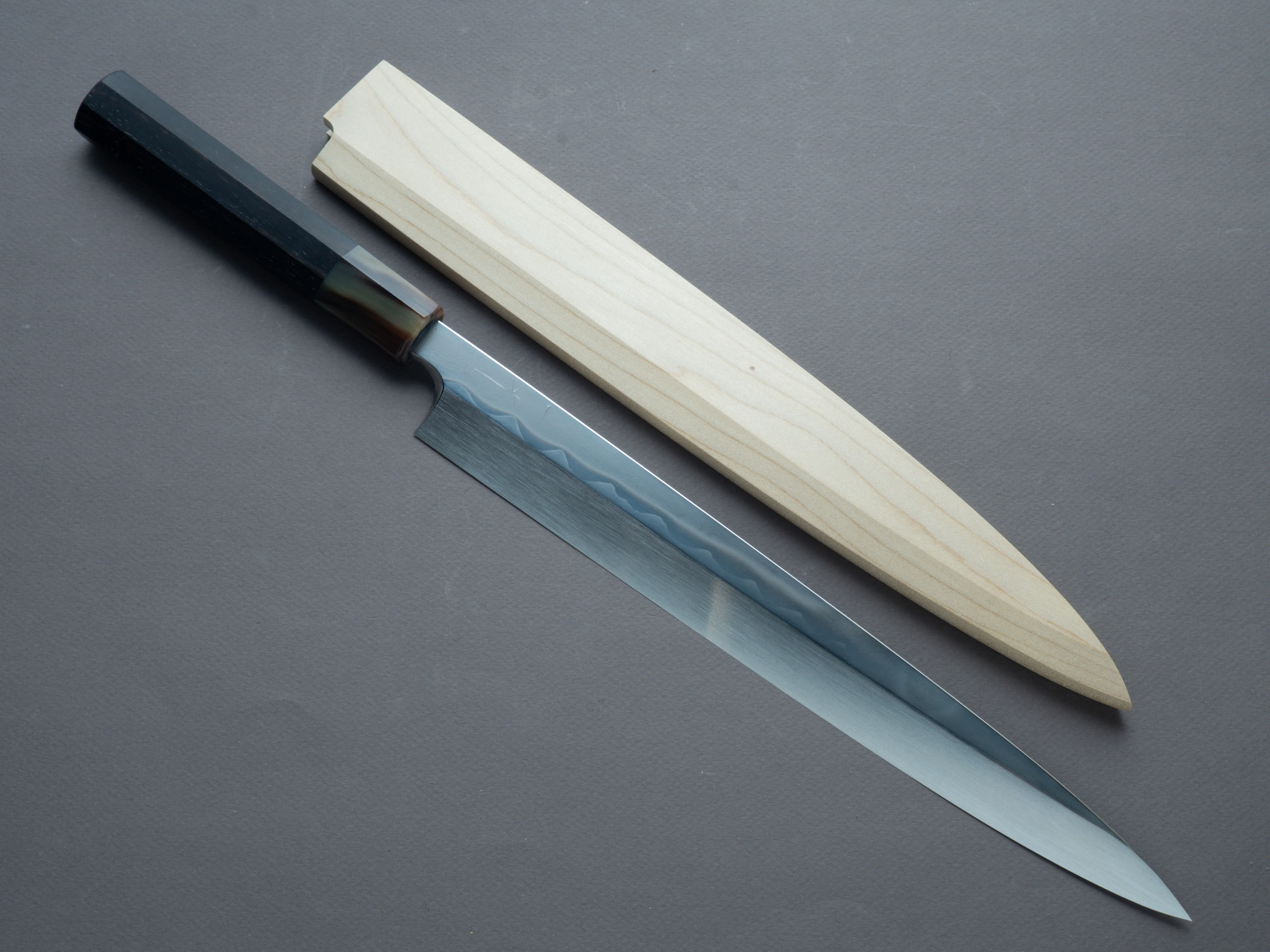 Hitohira - Togashi - Blue #1 - Mizu Honyaki - 300mm Yanagiba - Taihei Ebony Handle (Saya) - Image 10