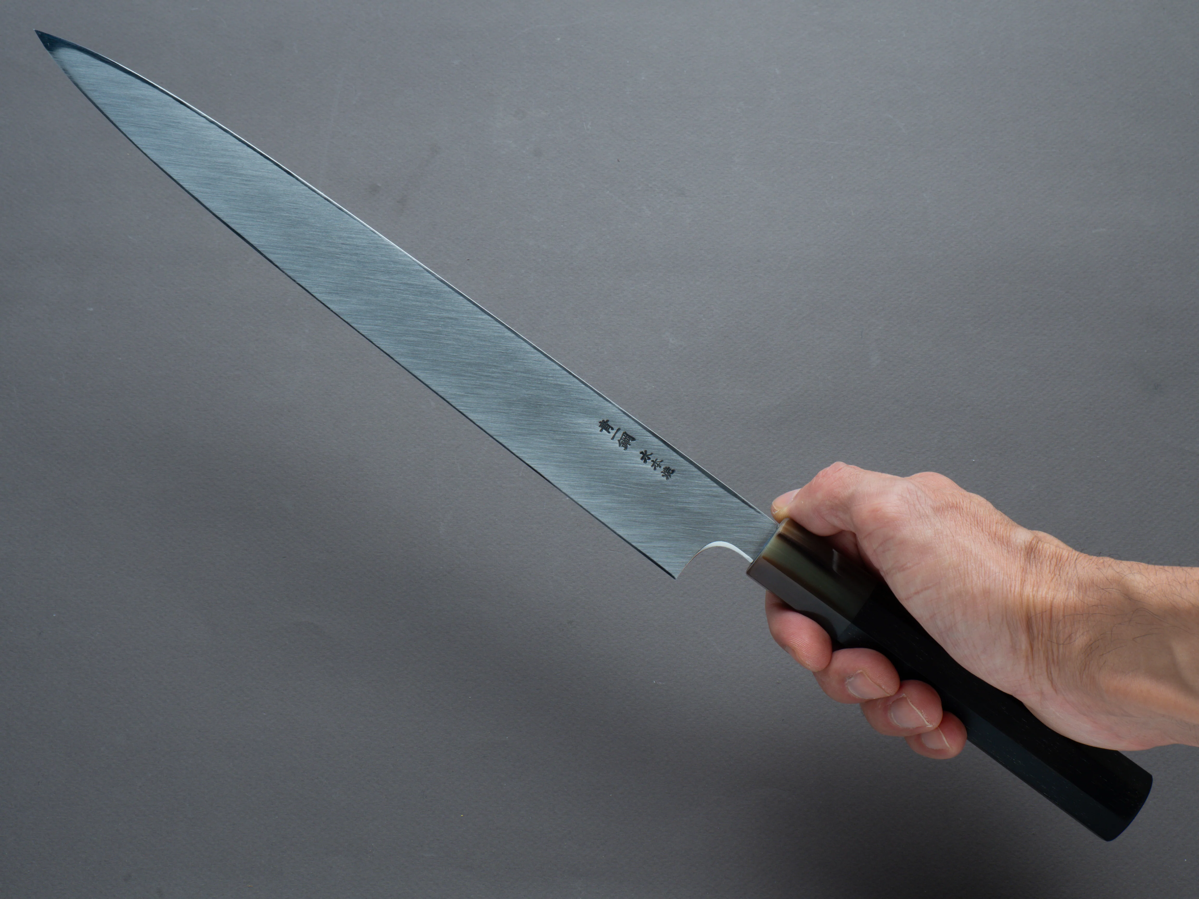 Hitohira - Togashi - Blue #1 - Mizu Honyaki - 300mm Yanagiba - Taihei Ebony Handle (Saya) - Image 6