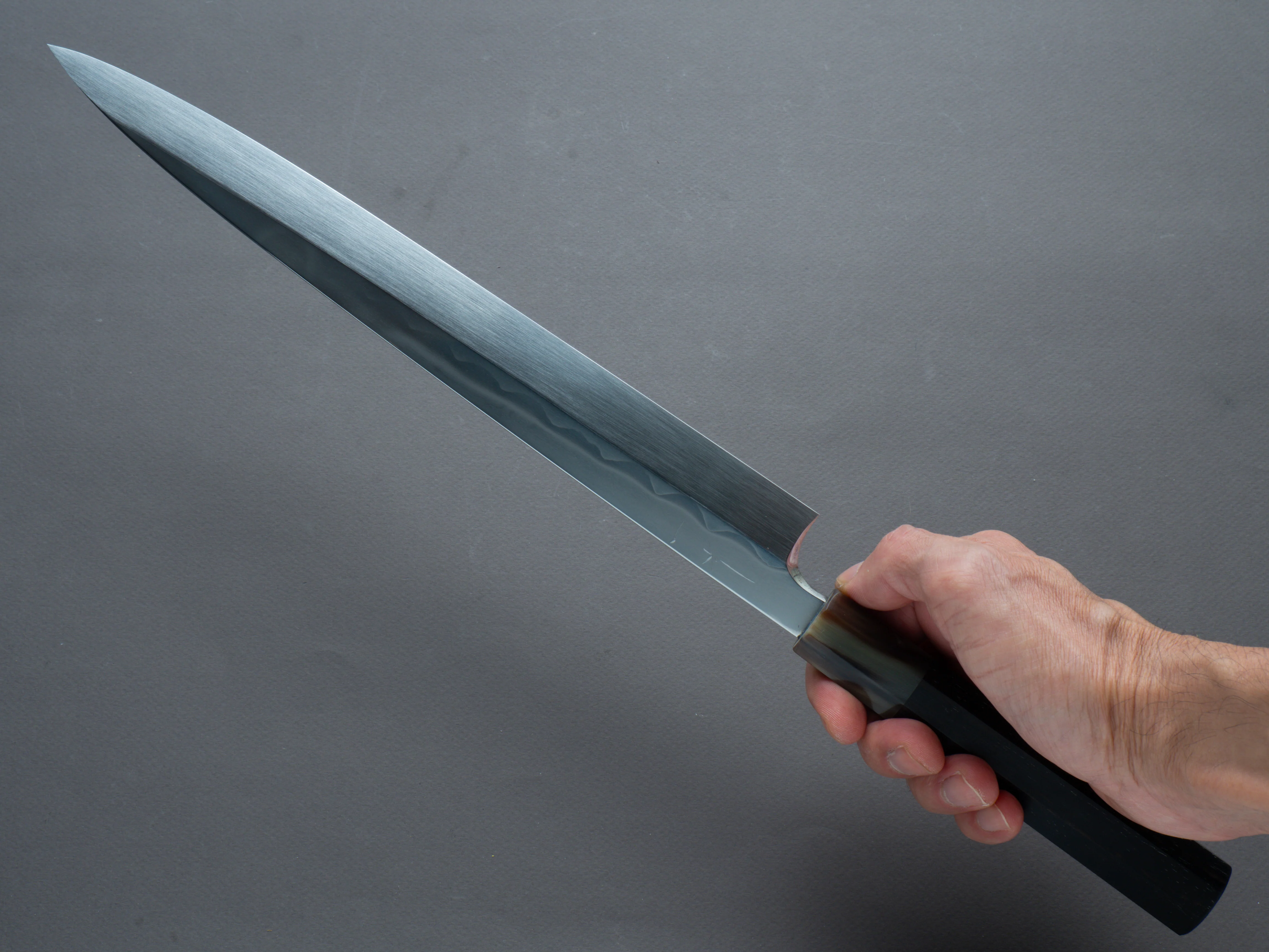 Hitohira - Togashi - Blue #1 - Mizu Honyaki - 300mm Yanagiba - Taihei Ebony Handle (Saya) - Image 7