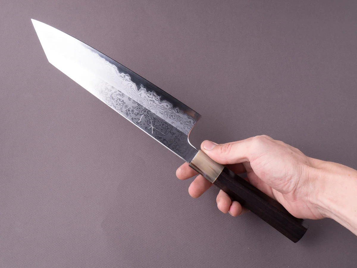 Hitohira - Togashi - White #1 - Damascus - Wide Bevel 240mm Kiritsuke Gyuto - Ebony Handle - Image 7