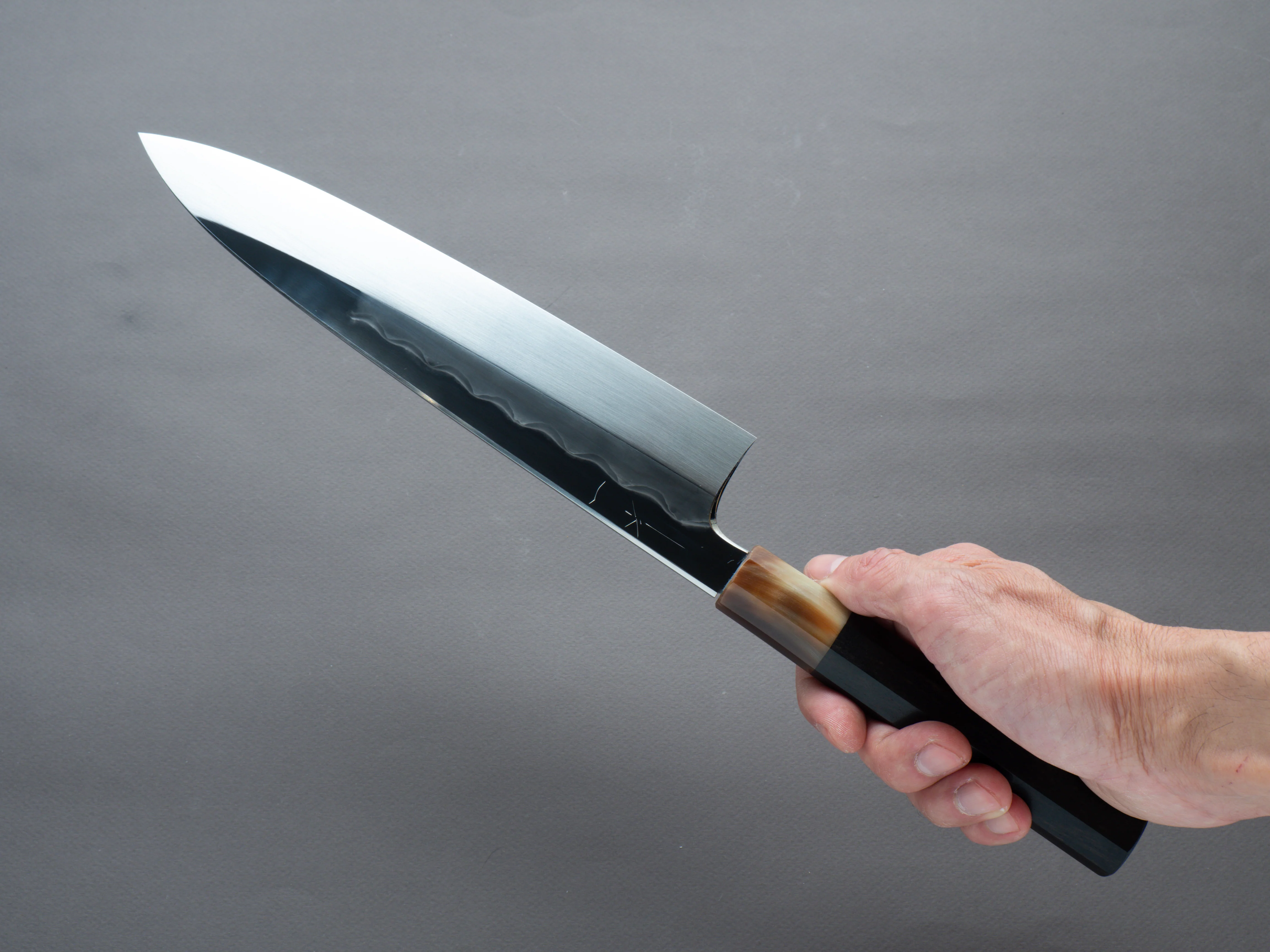 Hitohira - Togashi - White #1 - Notaremon Mizu Honyaki - 240mm Gyuto - Taihei Ebony Handle (#098/ Saya) - Image 7