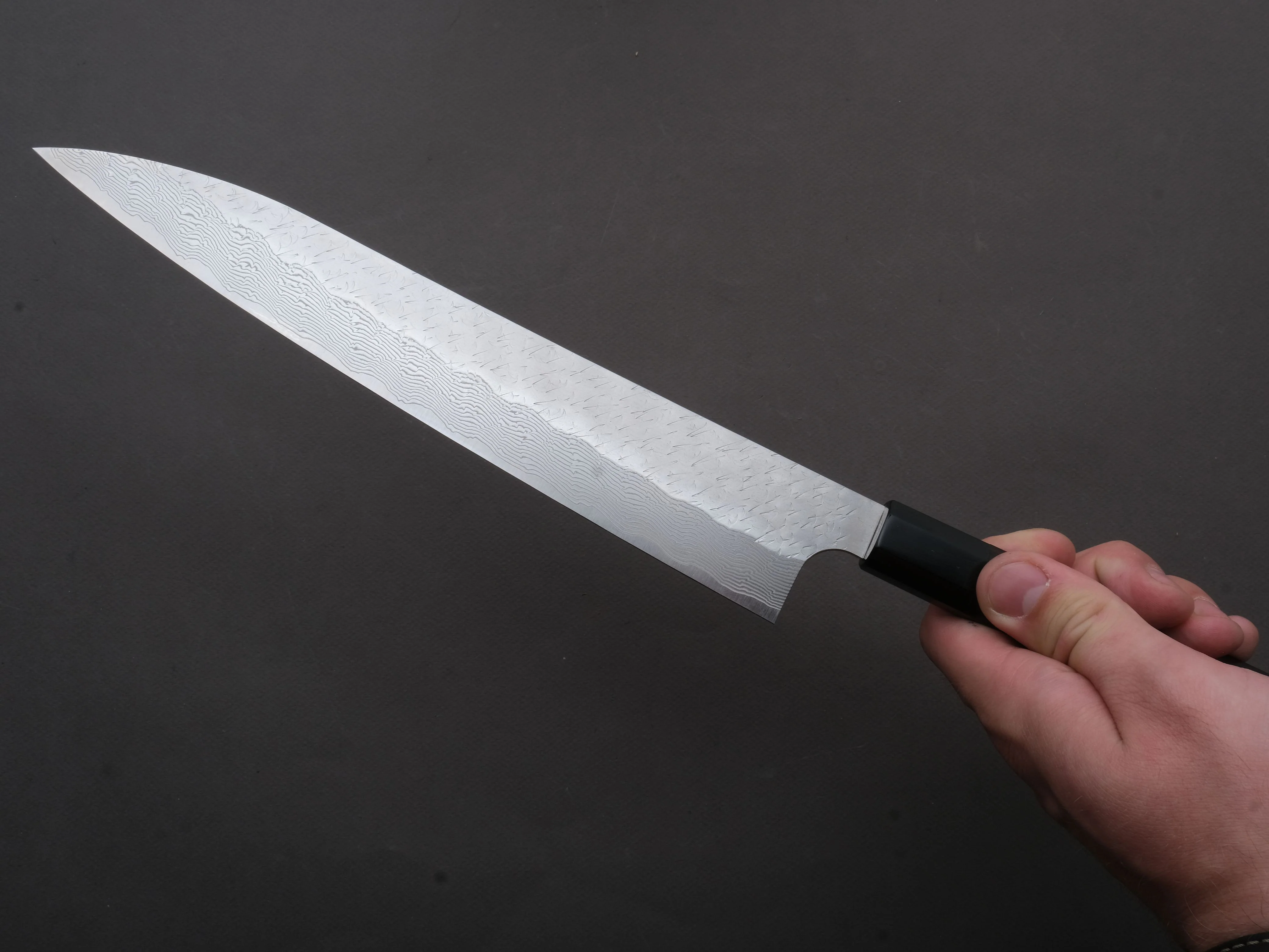 Nigara Hamono - SPG STRIX - Tsuchime Damascus - Sujihiki - 270mm - Ebony Handle - Image 4