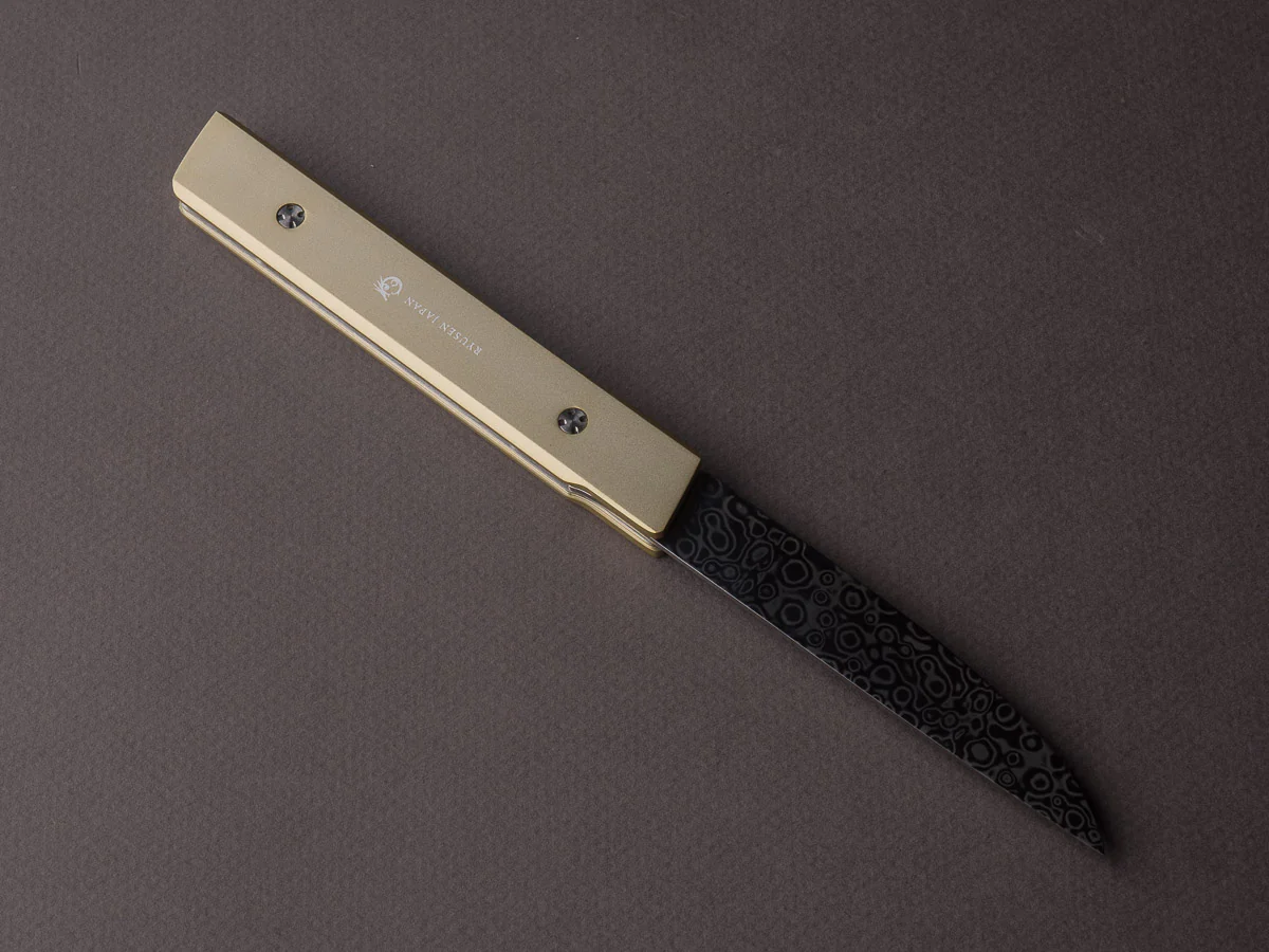 Ryusen - SK07 - Single Bevel Folding Steak Knife - Coreless Damascus - Champagne Gold Handle w/ Red Stitch Leather Case - Image 2