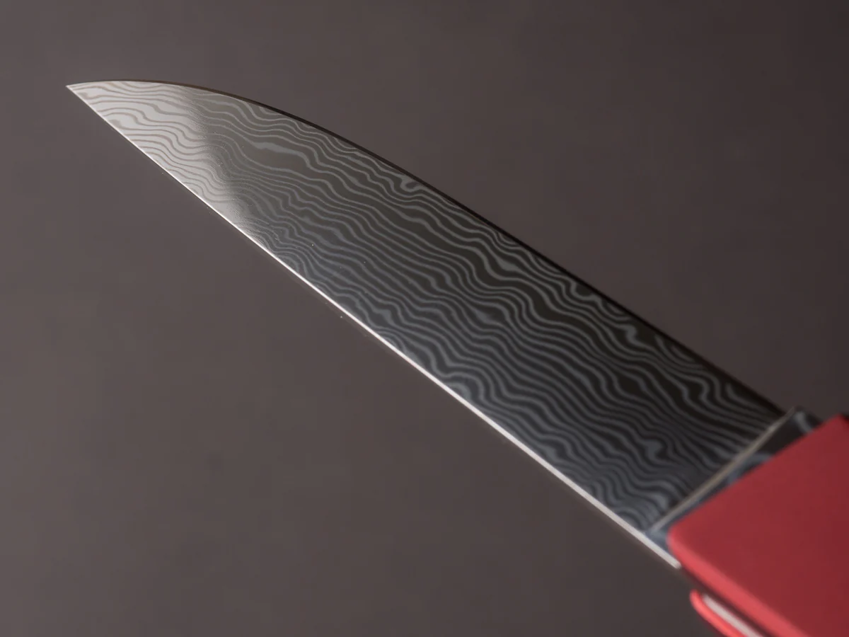 Ryusen - SK07 - Single Bevel Folding Steak Knife - Coreless Damascus - Coral Red Handle w/ Red Stitch Leather Case - Image 11