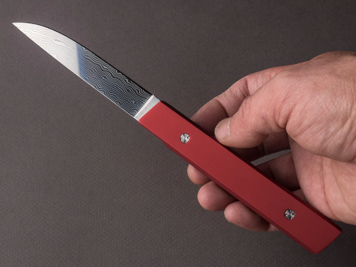 Ryusen - SK07 - Single Bevel Folding Steak Knife - Coreless Damascus - Coral Red Handle w/ Red Stitch Leather Case - Image 5