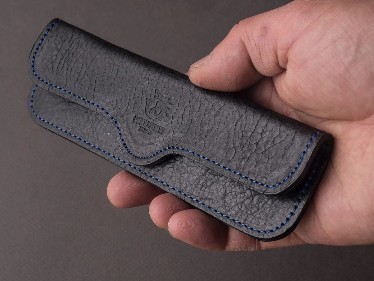 Ryusen - SK07 - Single Bevel Folding Steak Knife - Coreless Damascus - Noble Silver Handle w/ Blue Stitch Leather Case - Image 11