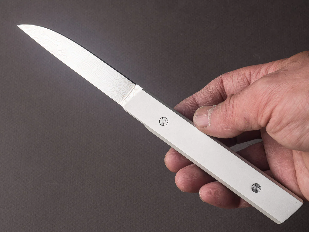 Ryusen - SK07 - Single Bevel Folding Steak Knife - Coreless Damascus - Noble Silver Handle w/ Blue Stitch Leather Case - Image 5