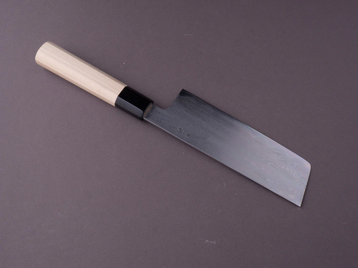 Sakai Kikumori - Nakagawa - Blue #1 Damascus - 170mm Nakiri - Magnolia Handle - Image 2