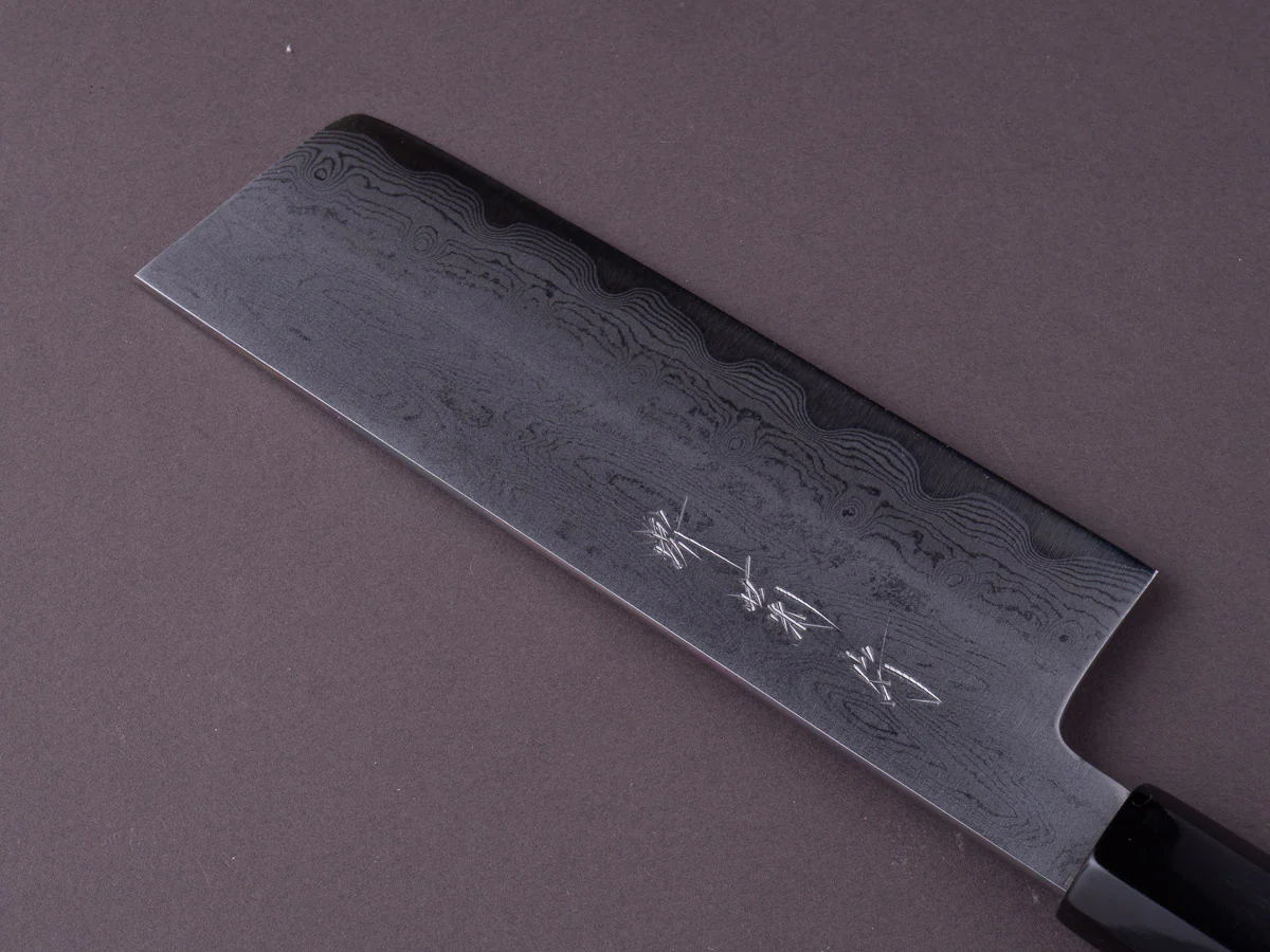 Sakai Kikumori - Nakagawa - Blue #1 Damascus - 170mm Nakiri - Magnolia Handle - Image 3