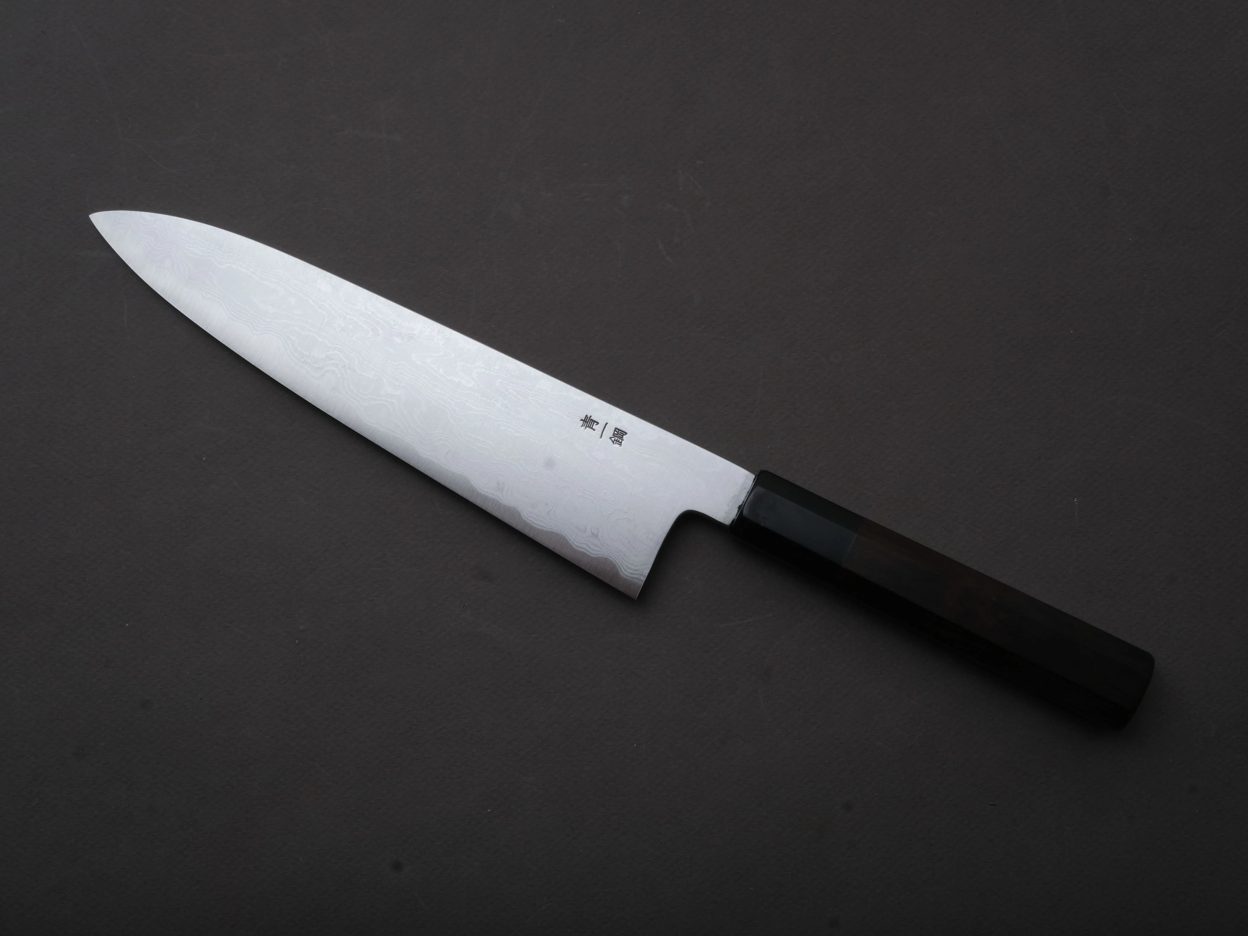 Sakai Kikumori - Nakagawa - Blue #1 Damascus - 210mm Gyuto - Ebony Handle - Image 2