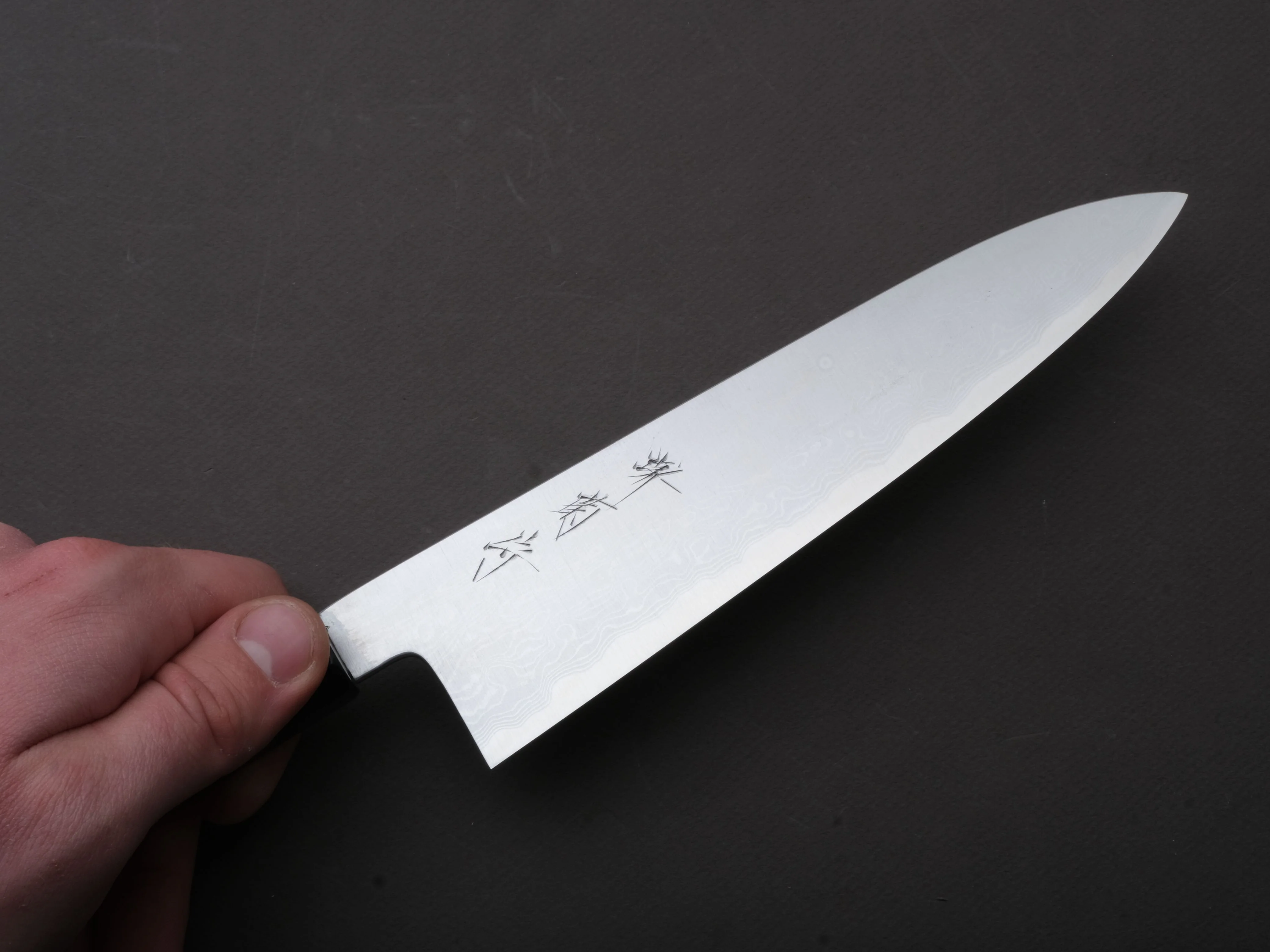 Sakai Kikumori - Nakagawa - Blue #1 Damascus - 210mm Gyuto - Ebony Handle - Image 3