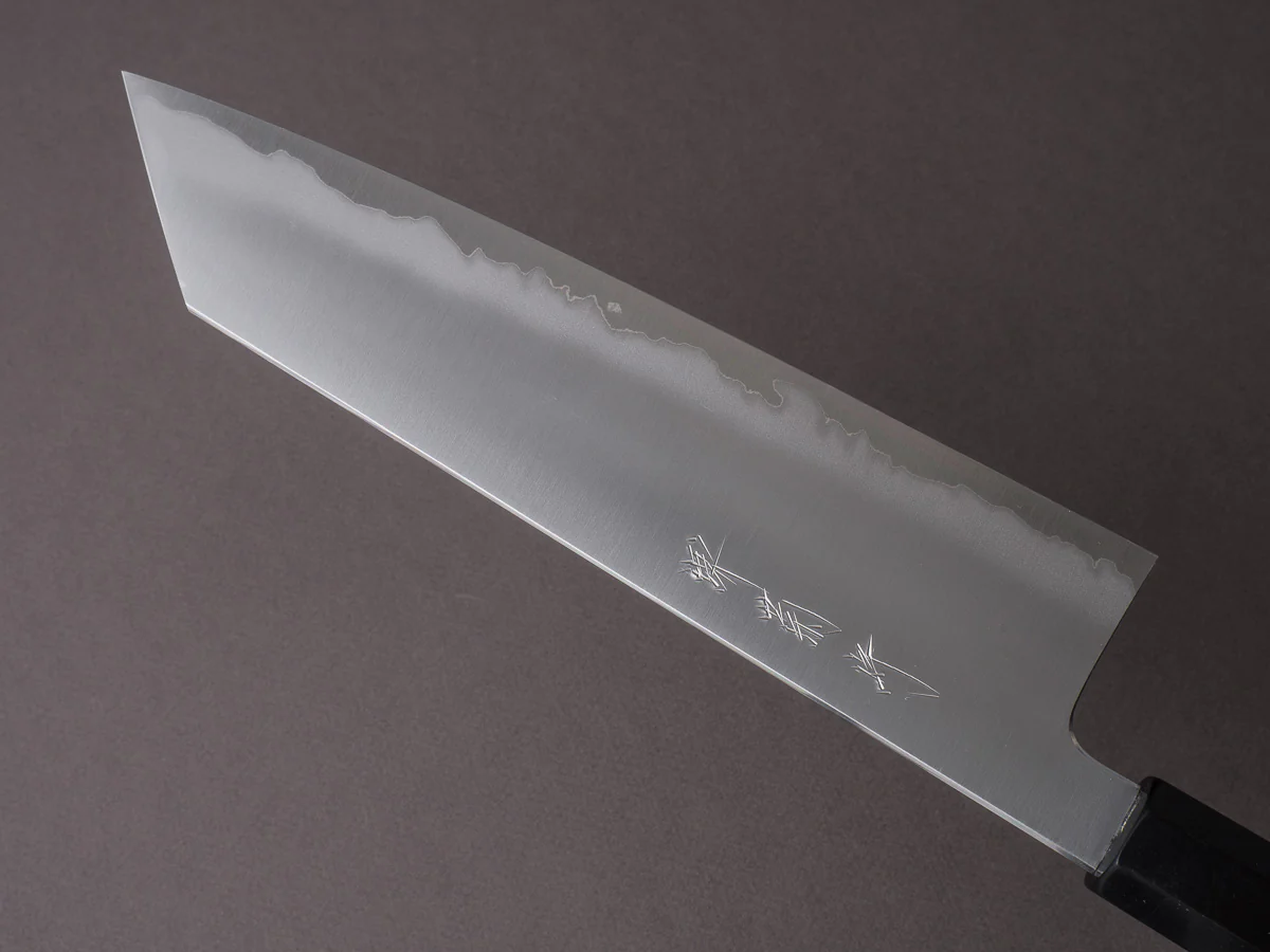 Sakai Kikumori - Yugiri - Tanaka - Stainless Clad Blue #1 - 225mm Kiritsuke Gyuto - Ebony Handle - Image 3