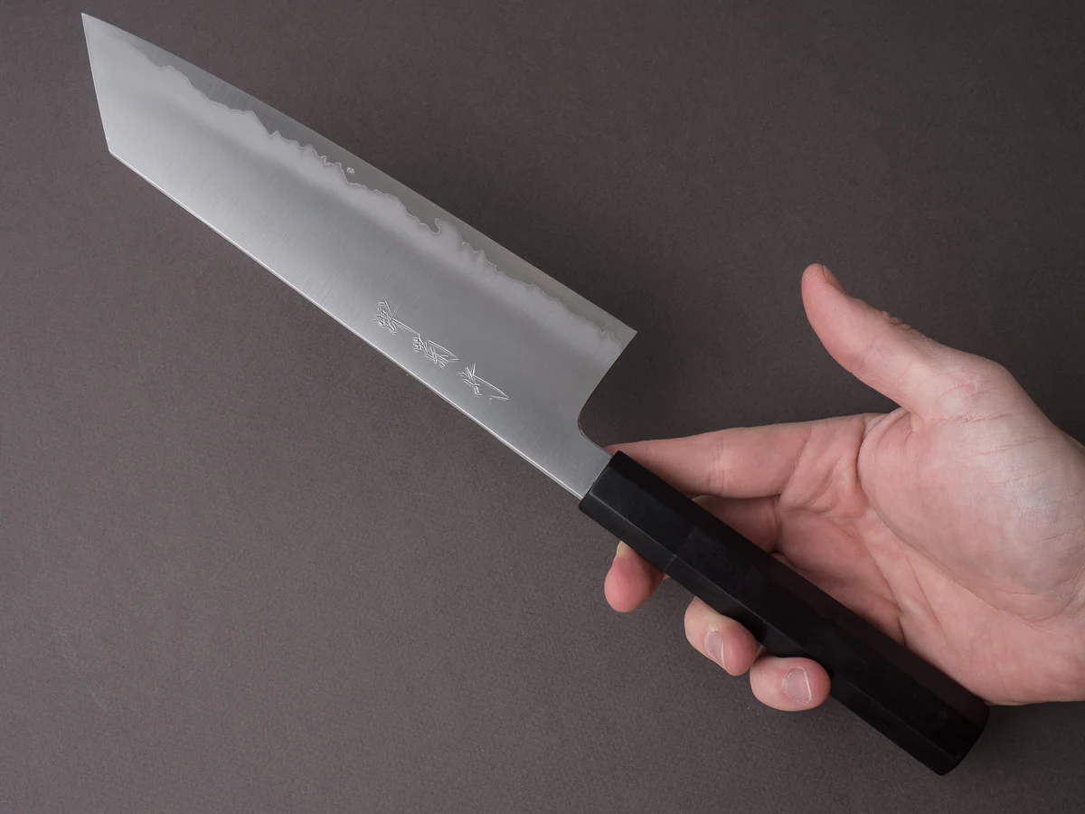 Sakai Kikumori - Yugiri - Tanaka - Stainless Clad Blue #1 - 225mm Kiritsuke Gyuto - Ebony Handle - Image 7